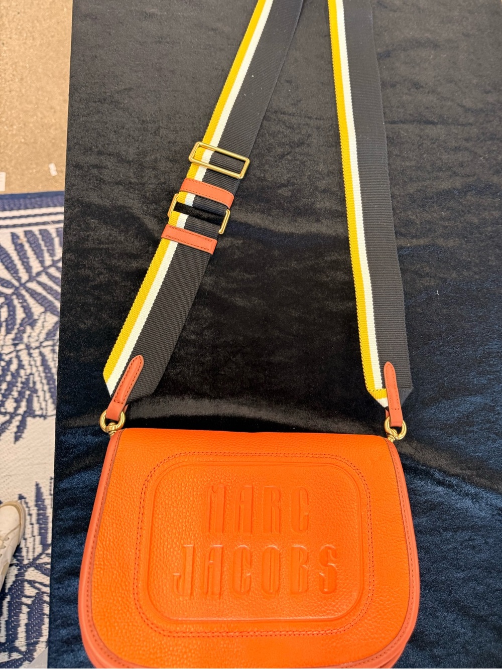 Marc Jacobs Orange Leather Crossbody with Black,white & Yellow Stripe Strap